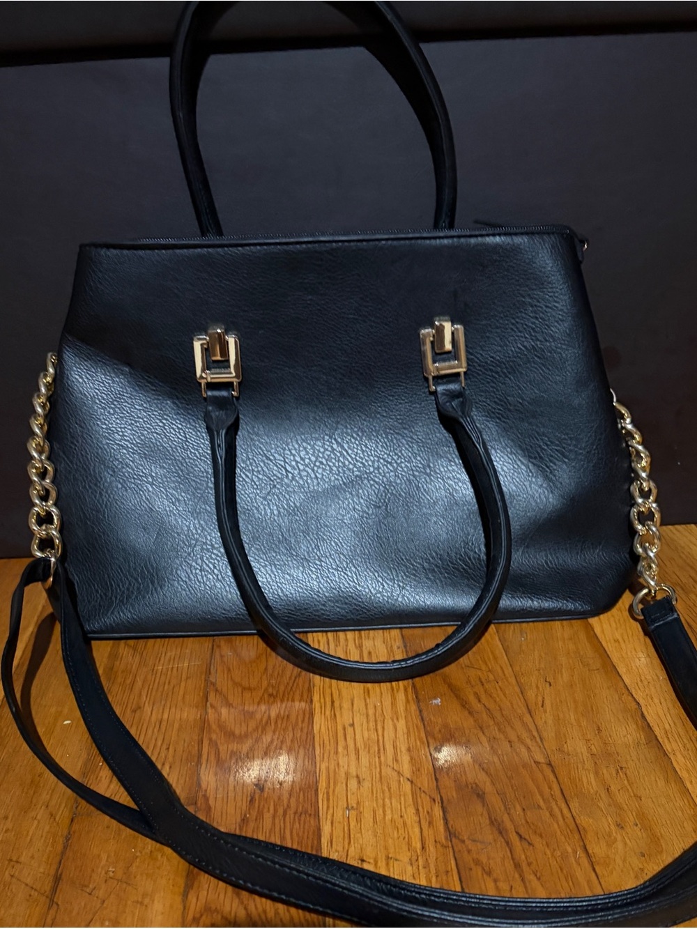 Black Leather Tote Handbag with Gold Chain Accents
